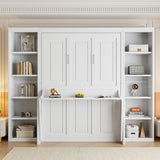 White Full Size Murphy Bed with Desk and Bookshelf, Pine Wood+MDF, 110.3''L x 79.8''W x 82''H