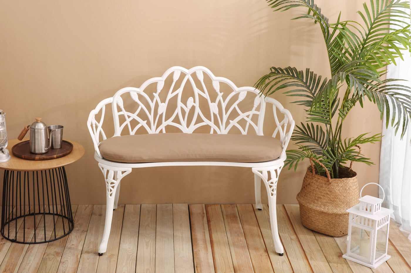 Cast Aluminum Patio Garden Bench with Floral Rose Design