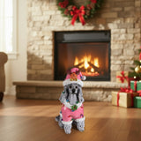 Christmas Poodle Statue, Holiday Dog Figurine in Pink Santa Outfit