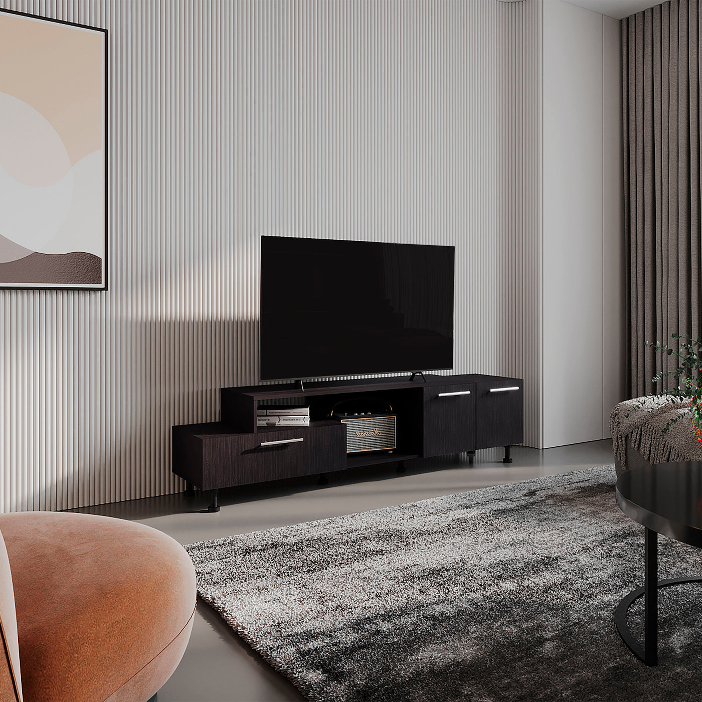69" Two-Tier TV Stand Black with Cabinet Shelves