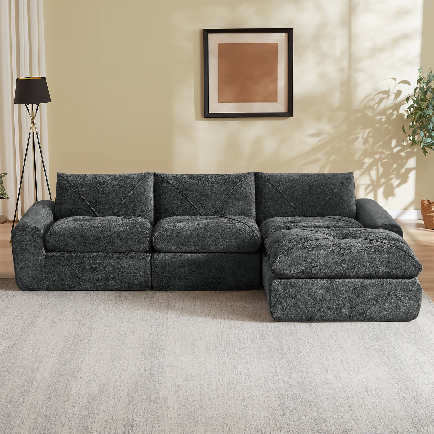 Sofa Modern Chenille Dark Gray 4 Seat Built-In Footrest 119 In