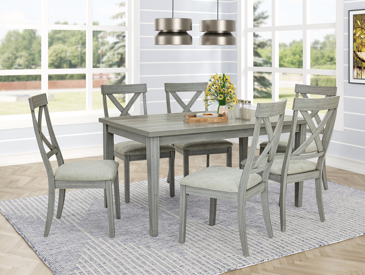7-Piece Rectangular Dining Set with Upholstered Chairs Gray Wood