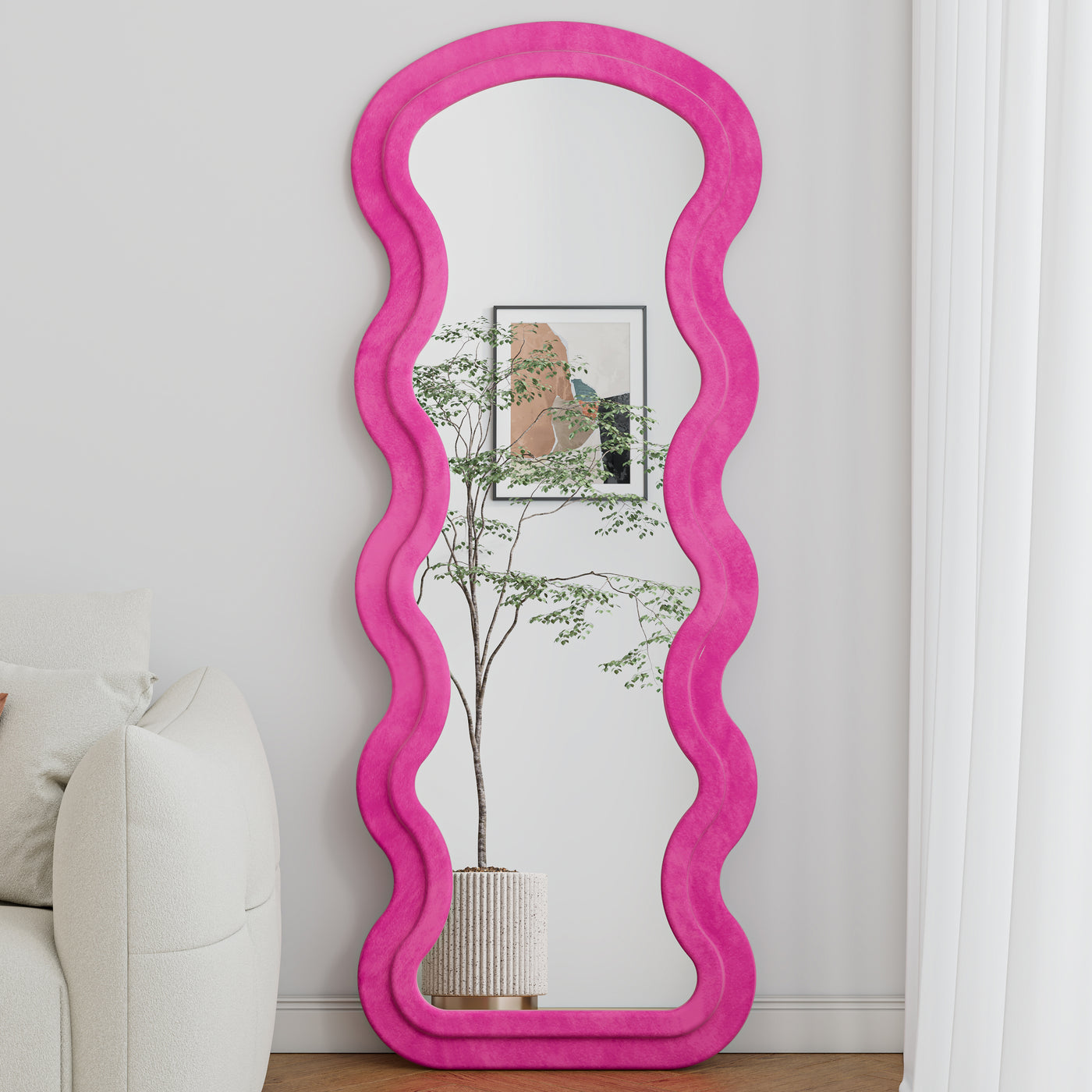 Floor Mirror Full Length Wave Flannel Frame Rose 63x24 In Lean or Hang