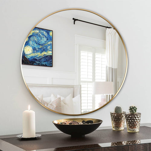 24" Round Gold Metal Framed Bathroom Wall Mirror