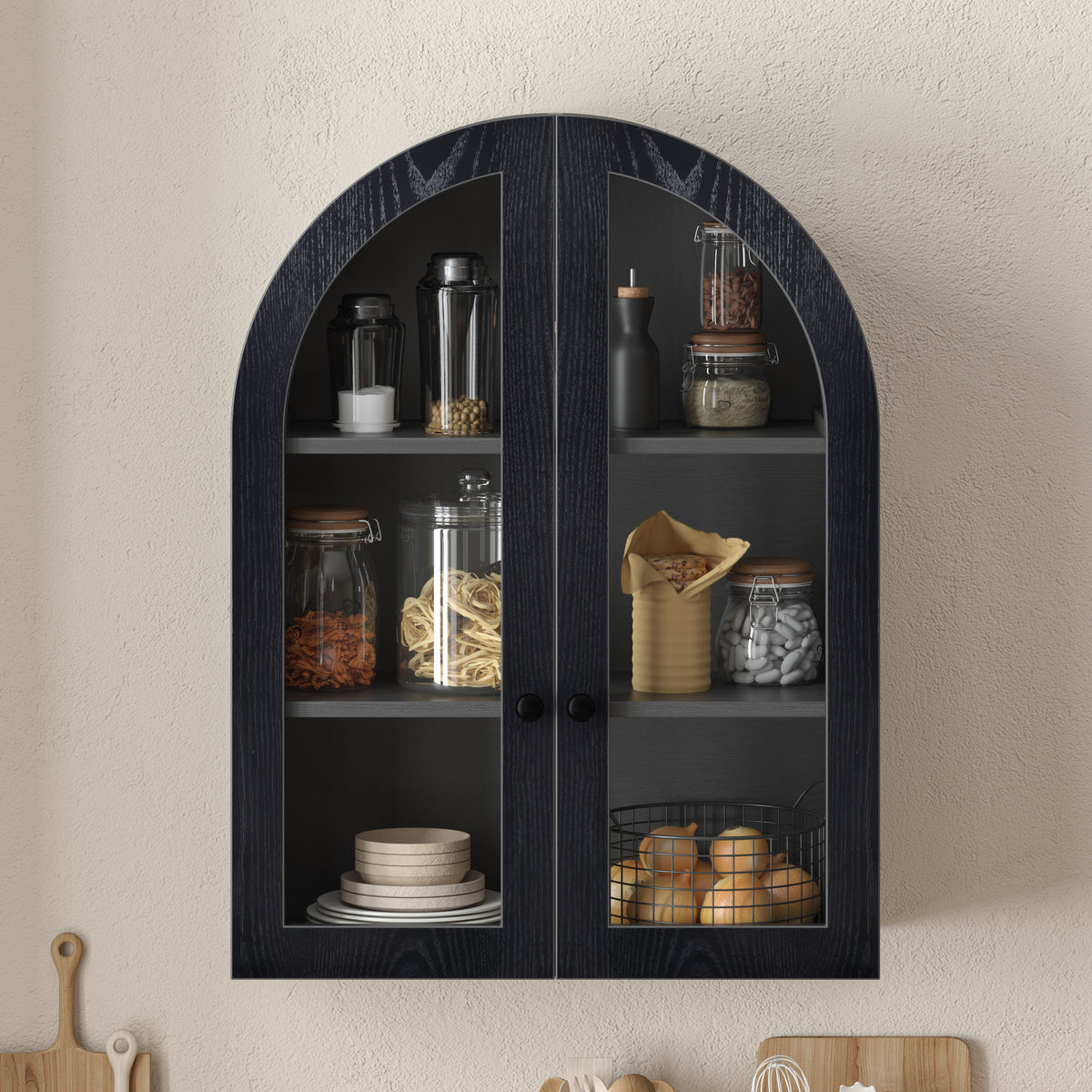 Arched Wall Mounted Cabinet, Wood Veneer Wall Storage Cabinet with Tempered Glas
