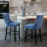Contemporary Velvet Upholstered Barstools Button Tufted with Wooden Legs Set of 2, Blue