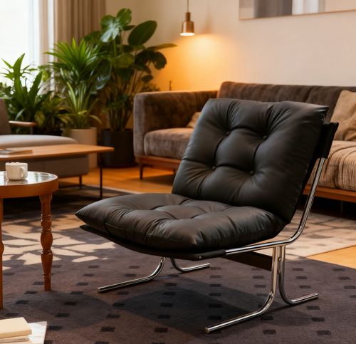 Black Leather Accent Armchair, High Back, Metal Legs, Home Office