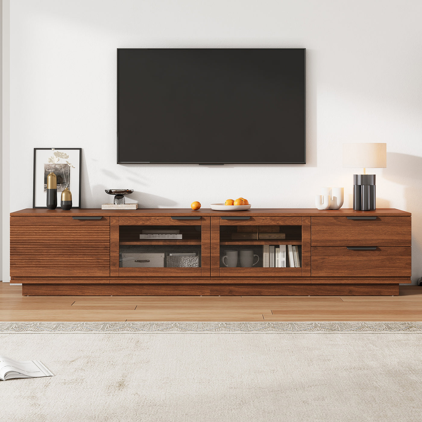 78" Modern TV Stand with Glass Doors & Cable Management