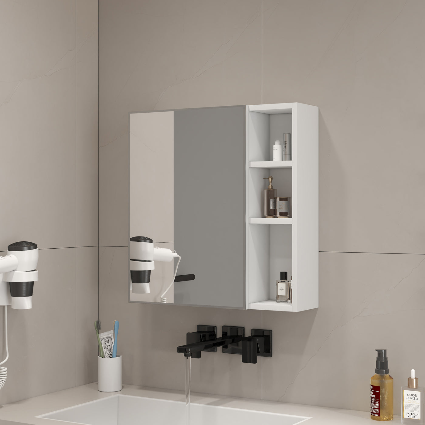White MDF Bathroom Mirror Cabinet Wall Mounted Storage