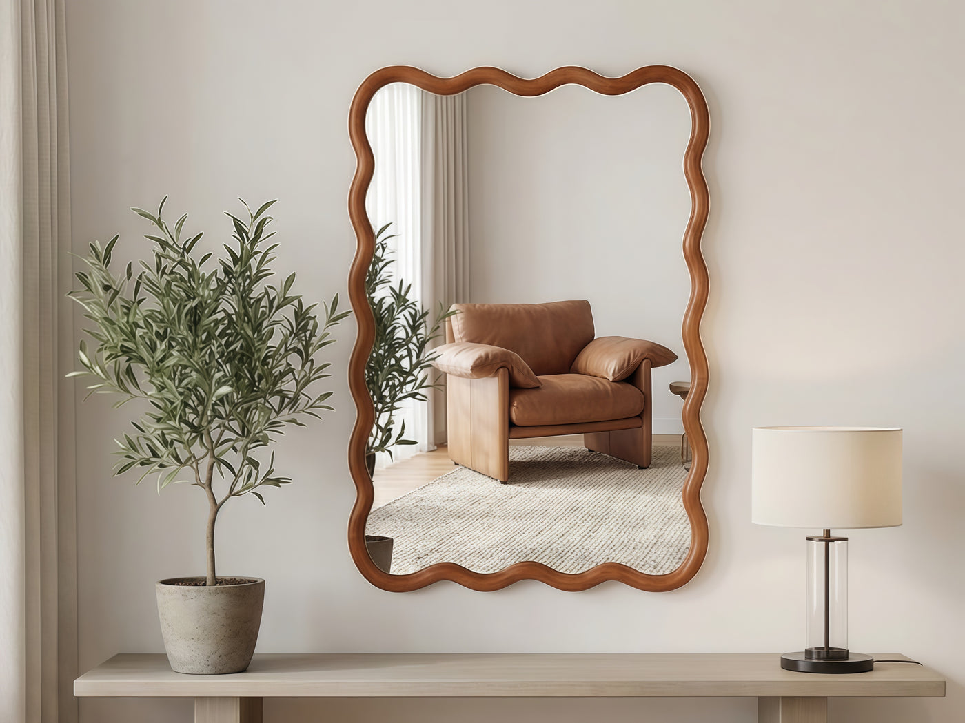 Yellowish Brown Wavy Rectangle Wood Frame Mirror 20x30