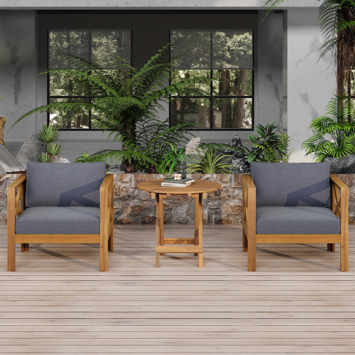 Outdoor Conversation Set Acacia Wood Teak Dark Gray Cushion 3 Piece