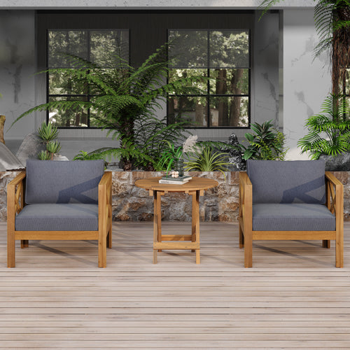 Outdoor Conversation Set Acacia Wood Teak Dark Gray Cushion 3 Piece
