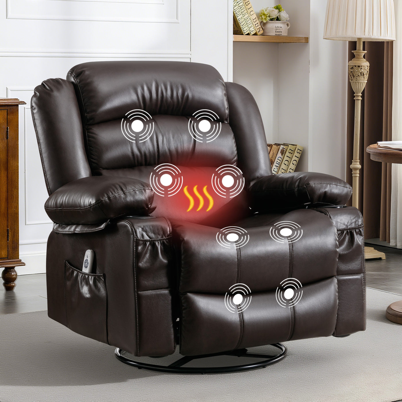 Massage Recliner Chair with Heat, Vibration, USB Port Brown