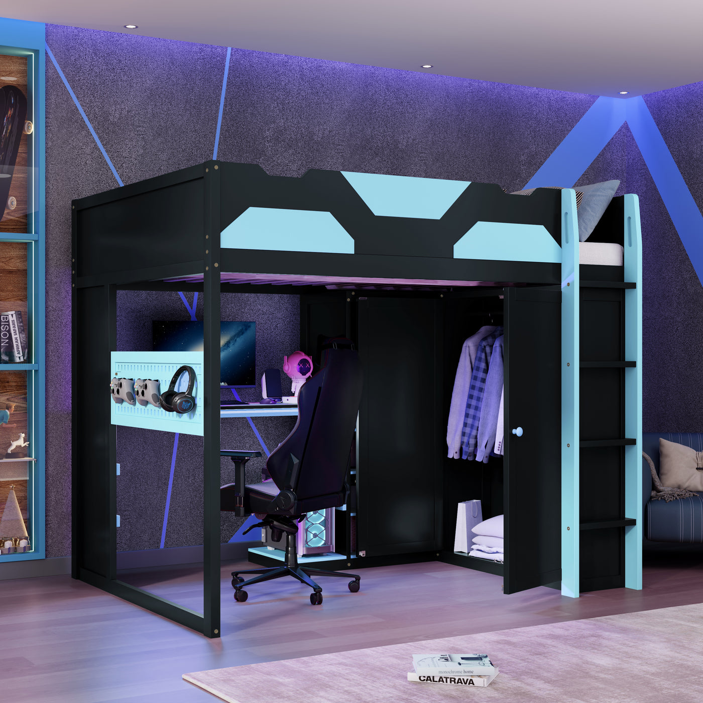 Full Size Wood Loft Bed with Desk, Multi-storage Shelves,USB and RGB Light, Cloud Blue