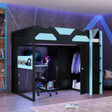 Full Size Wood Loft Bed with Desk, Multi-storage Shelves,USB and RGB Light, Cloud Blue
