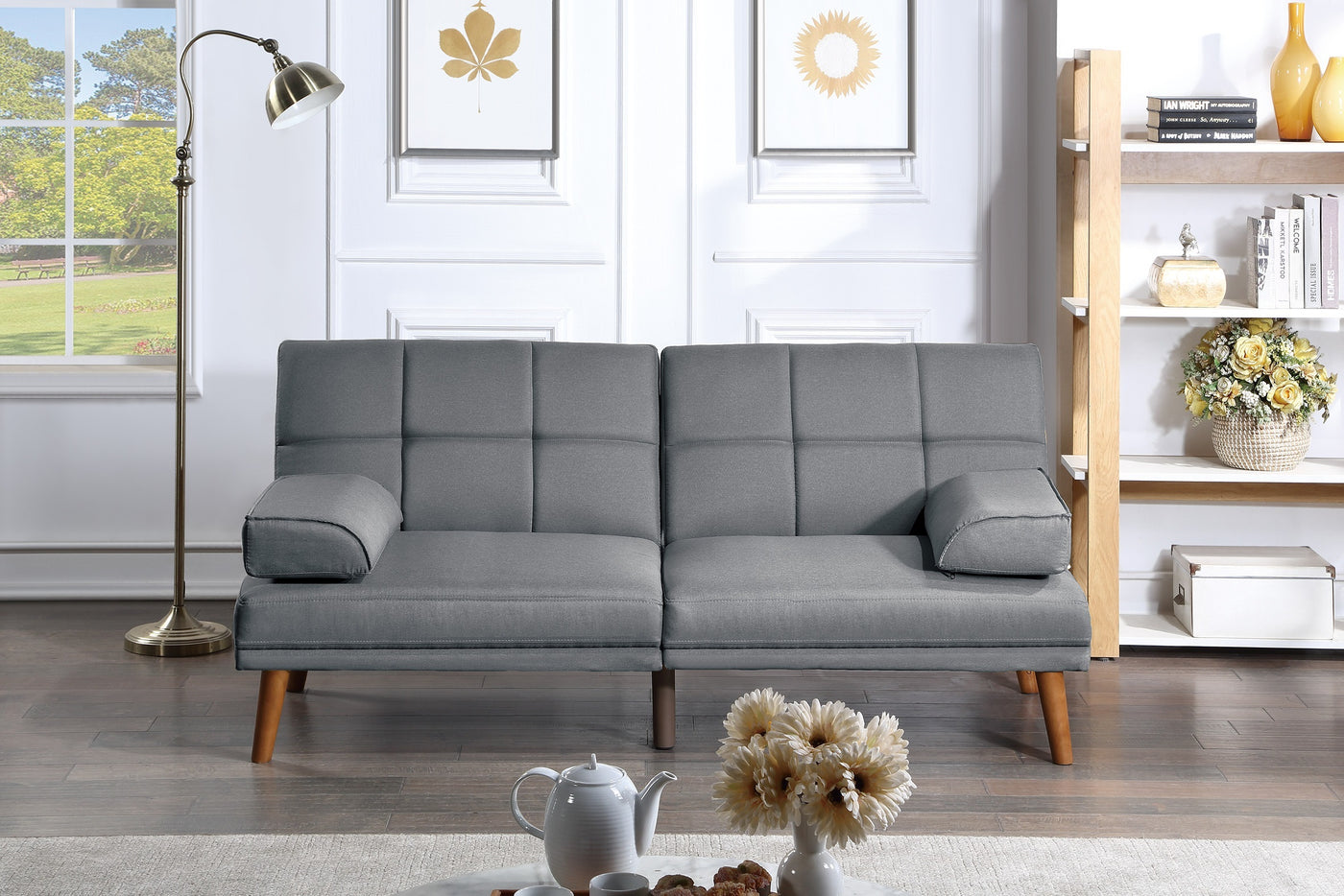 Blue Grey Polyfiber Tufted Sofa with Wood Legs