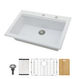 Quartz Kitchen Sink - 30' x 22' White Granite Composite Workstation Drop-in Sink
