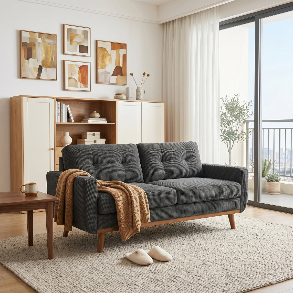 Wood Loveseat Dark Grey 65"