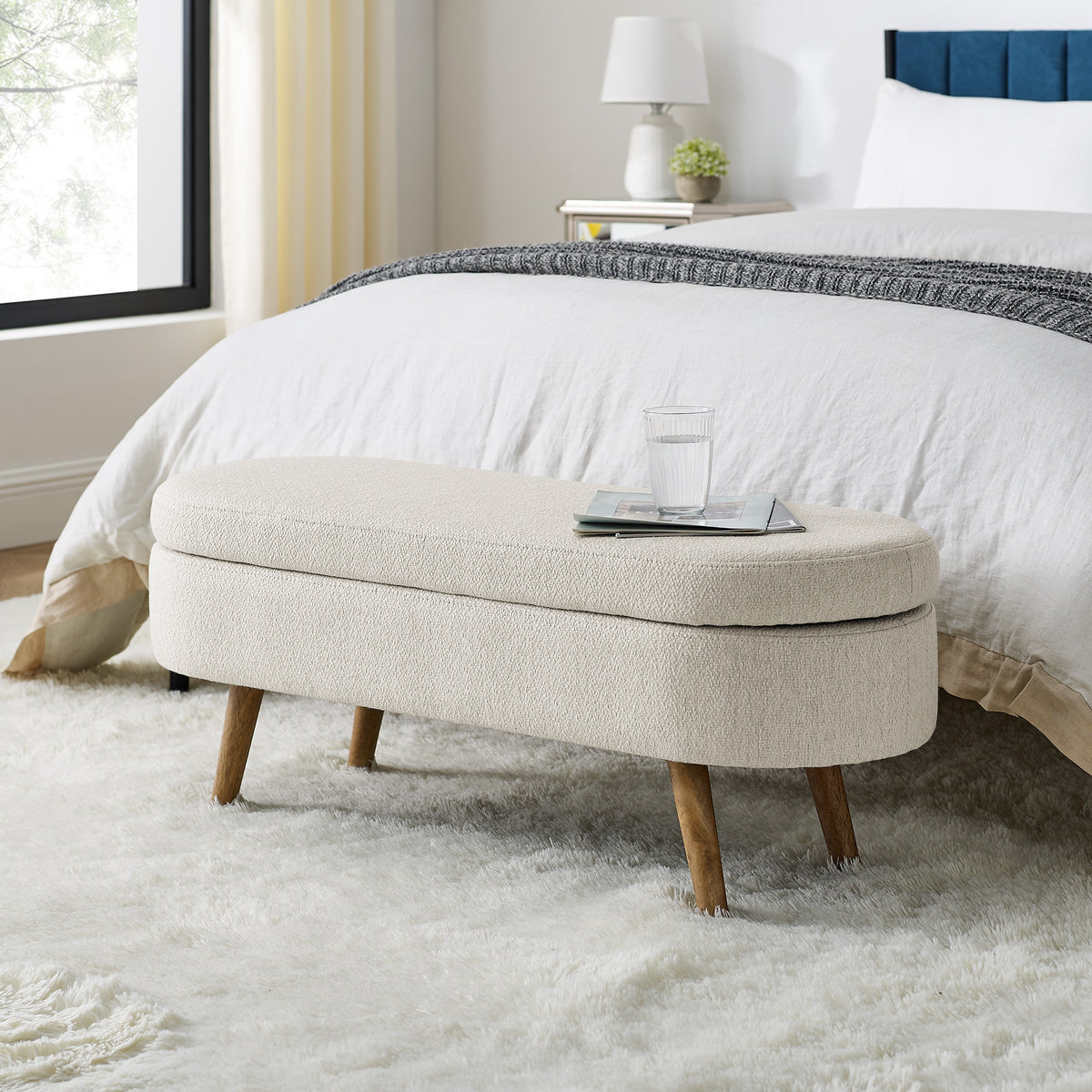 Ottoman Oval Storage Bench, Rubber Wood Legs, Beige(43.5"x16"x16")