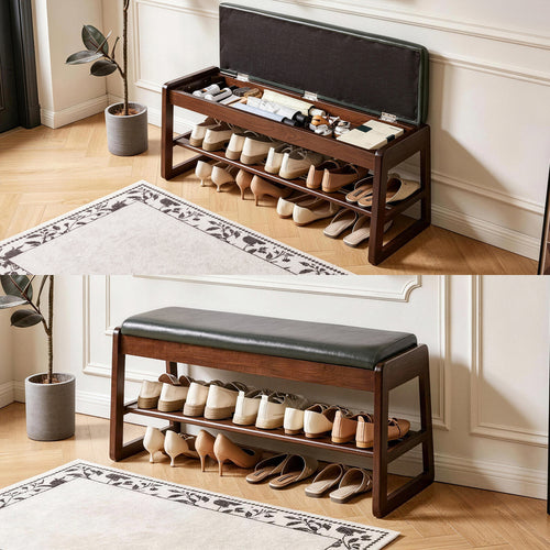 Wood Shoe Storage Bench 39.37" Lift Top Vegan Leather