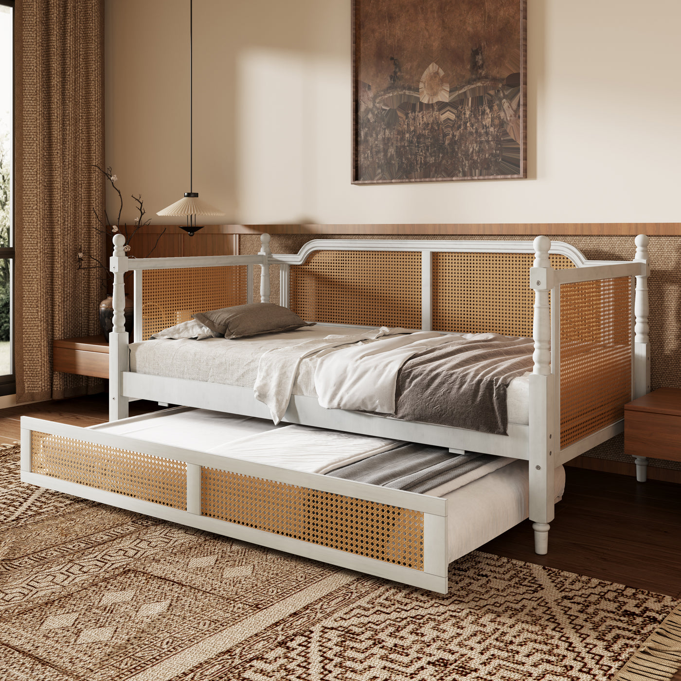Rattan Twin Daybed with Trundle, Antique White