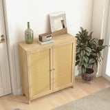 Mid-Century Modern Storage Cabinet with Woven Rattan Doors & Adjustable Shelves