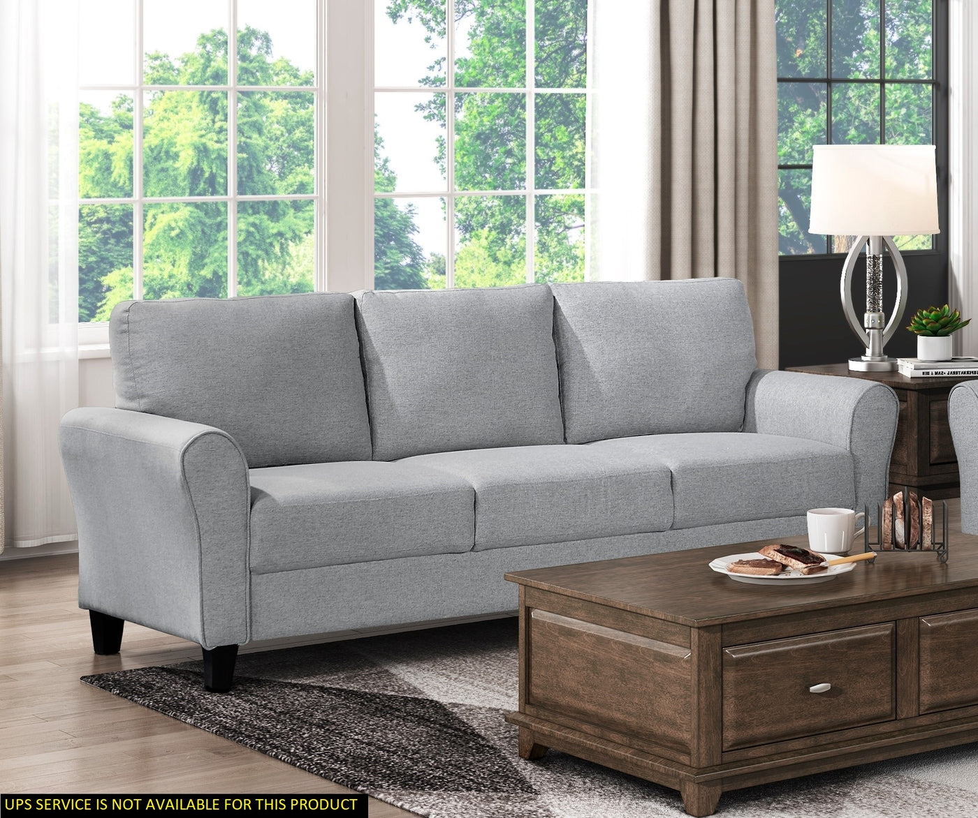 Modern Dark Gray Upholstered Sofa Rounded Arms Transitional