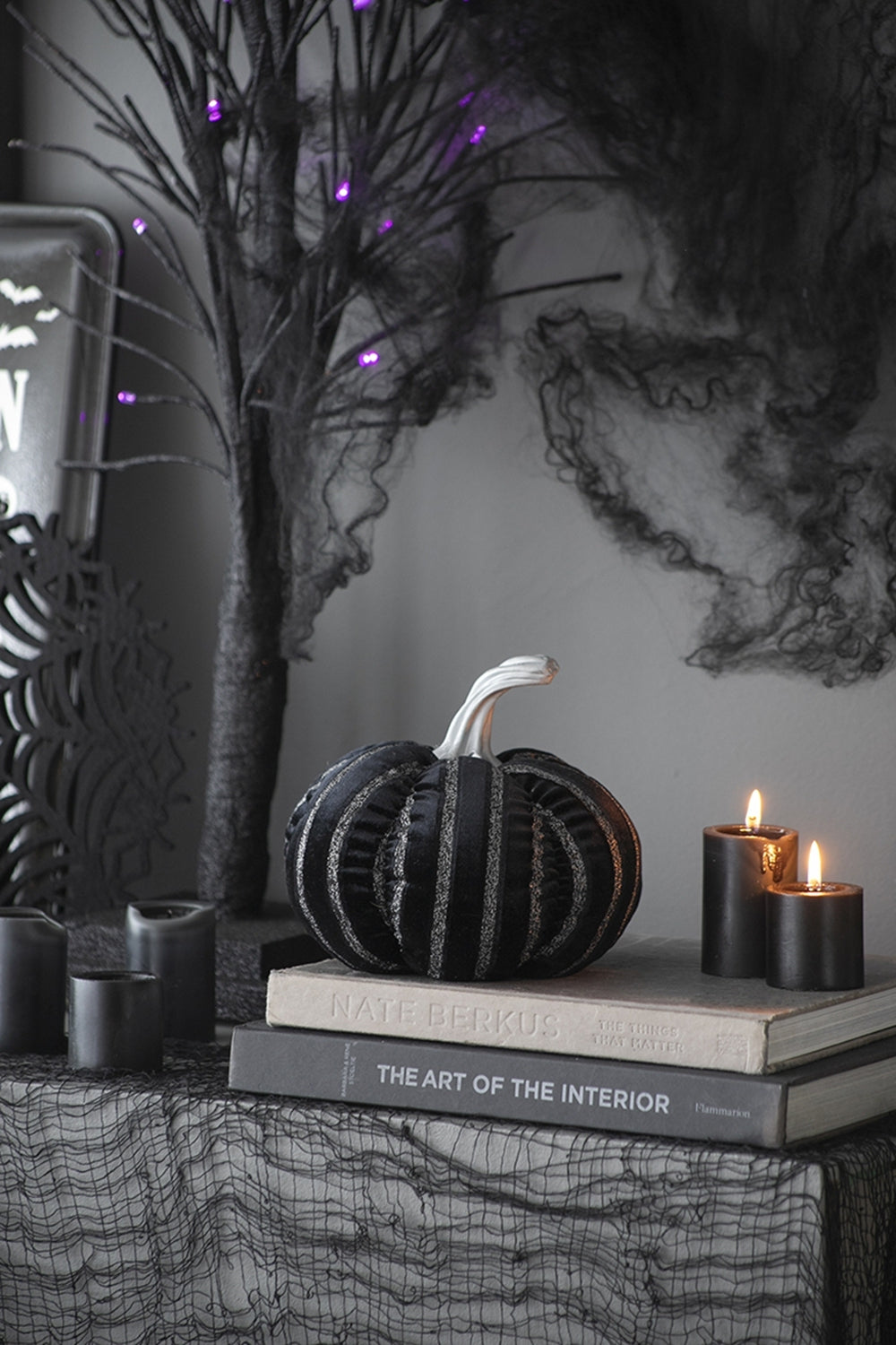Set of 2, 7x7x7' Fabric Black Stripe Pumpkin Decor, for Holiday Halloween Decora