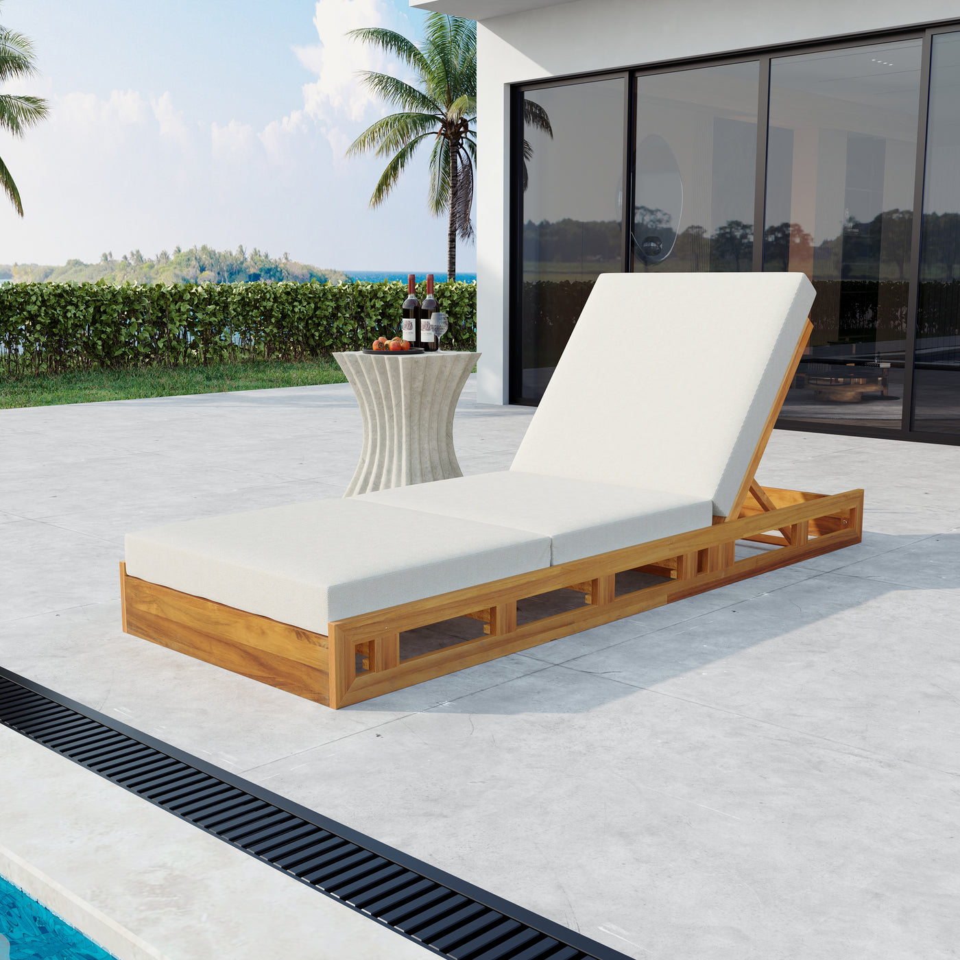 Acacia Solid Wood Lounge Chaise Set with Cream Cushion