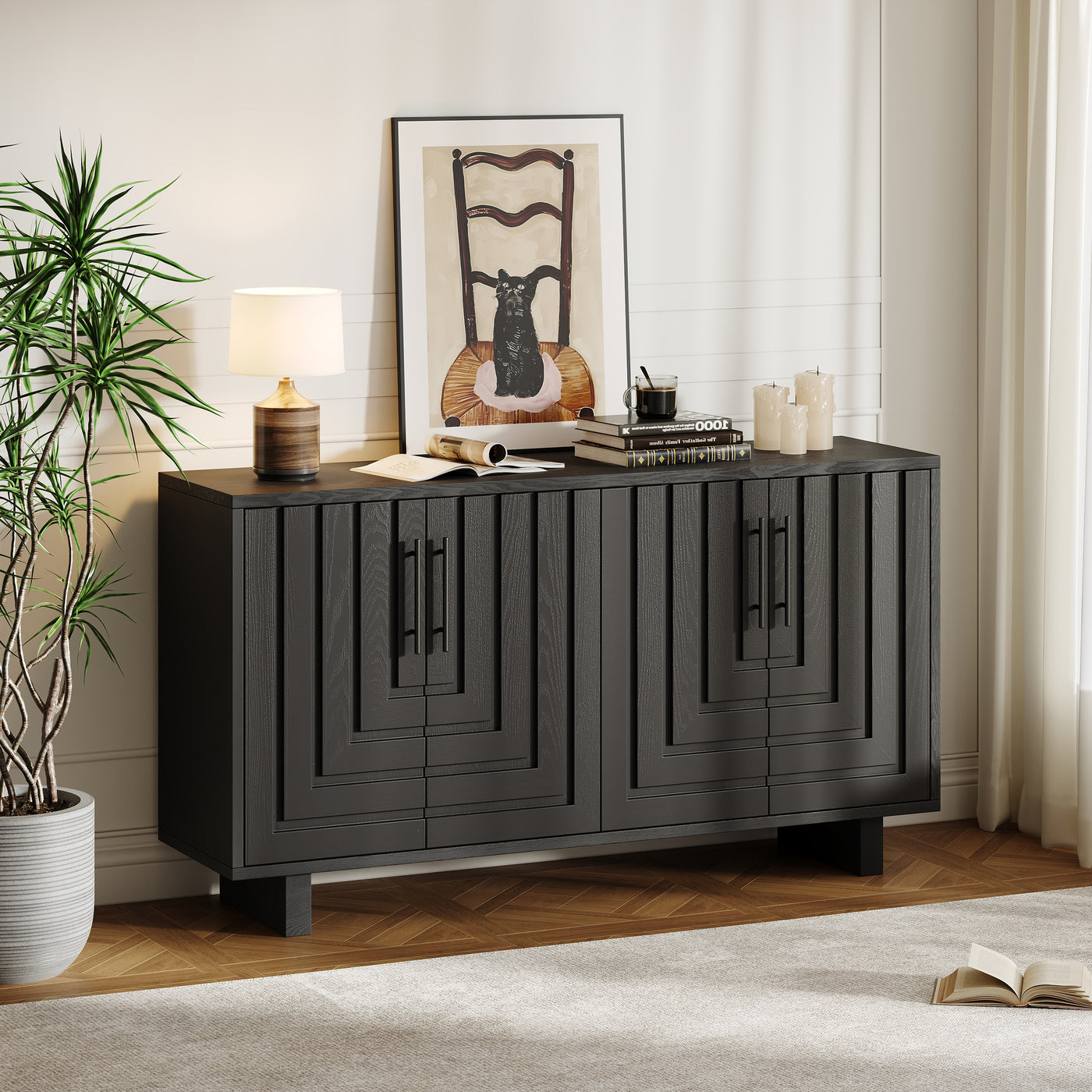 Modern Sideboard Storage Cabinet 59" Black 4 Door Dining Room