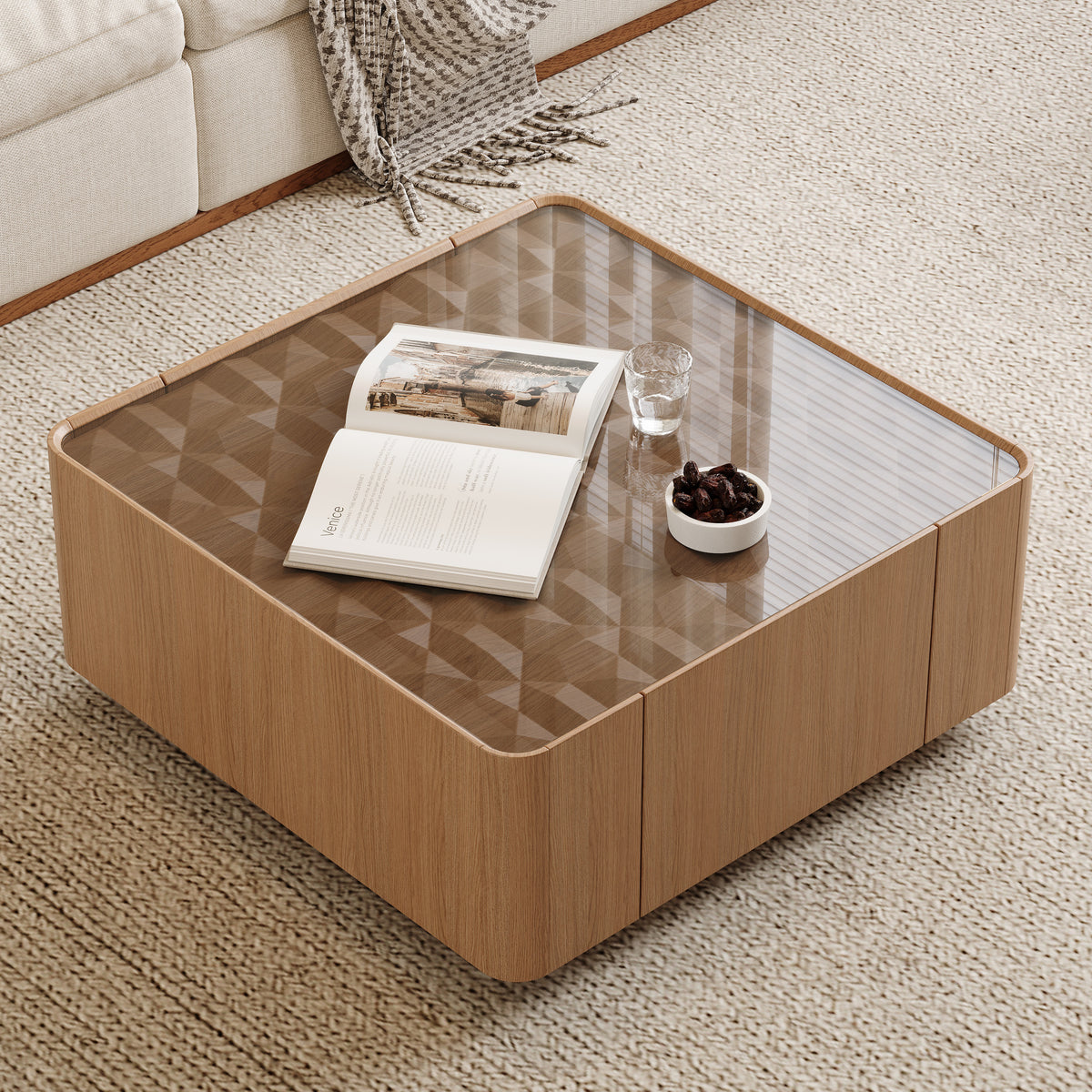 Square Engineered Wood Coffee Table with Storage Natural Walnut