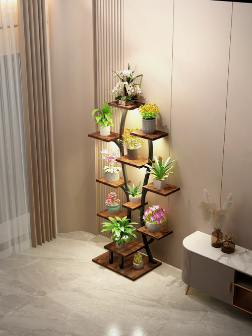 Vase Plant Stand with Grow Lights and Metal Shelf