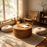 Round Engineered Wood Coffee Table with Storage Natural