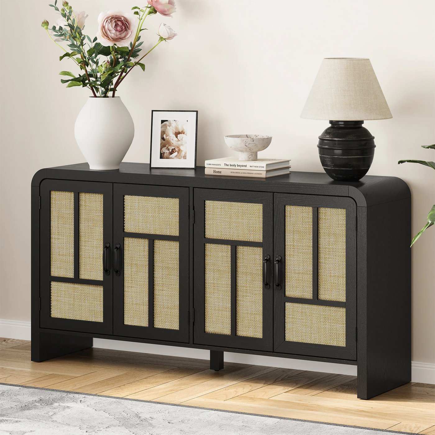 59" Rattan Boho Sideboard Cabinet with 4 Doors & Shelves