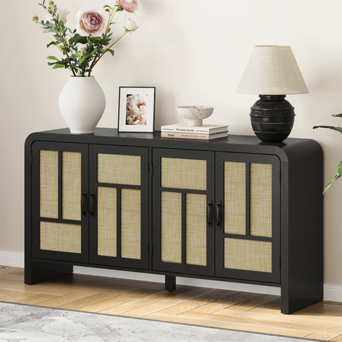 59" Rattan Boho Sideboard Cabinet with 4 Doors & Shelves