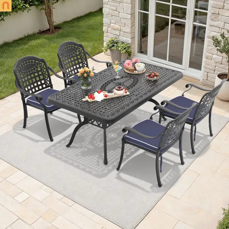 Outdoor Dining Set Cast Aluminum Black Blue Cushions 5 Piece Stackable