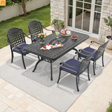 Outdoor Dining Set Cast Aluminum Black Blue Cushions 5 Piece Stackable