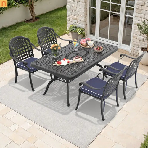Outdoor Dining Set Cast Aluminum Black Blue Cushions 5 Piece Stackable