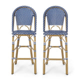 Outdoor PE Rattan French Barstool Set, Dark Teal and White, Aluminum Frame,