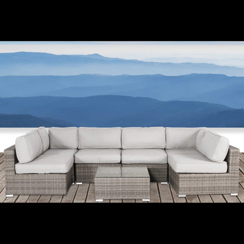 Outdoor Sectional Patio Set Wicker Gray Brown 7 Piece with Glass Table Seats 4