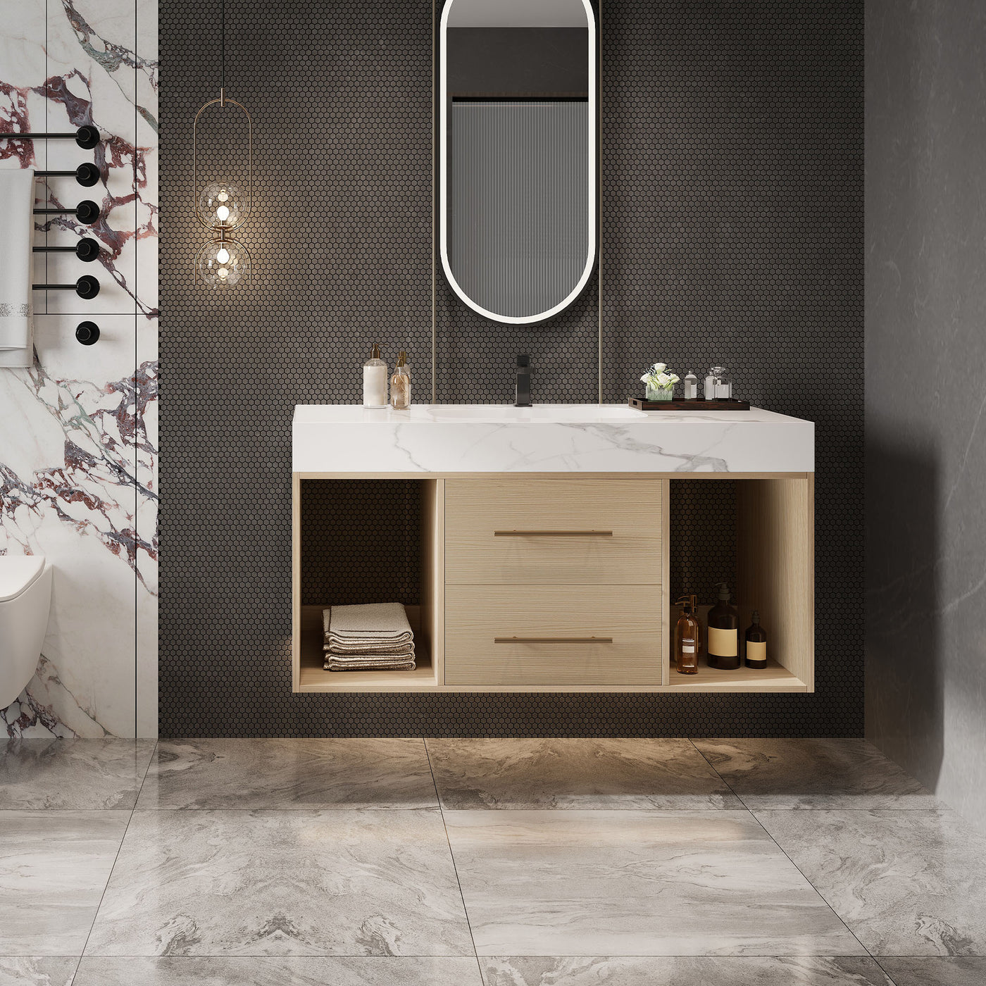 39.4'' Floating Bathroom Vanity with Ceramic Sink, 2 Soft Close Drawers