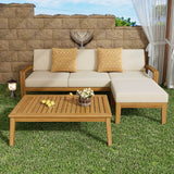 Outdoor Patio Set L-Shape Acacia Wood Teak Beige Cushions 3 Piece