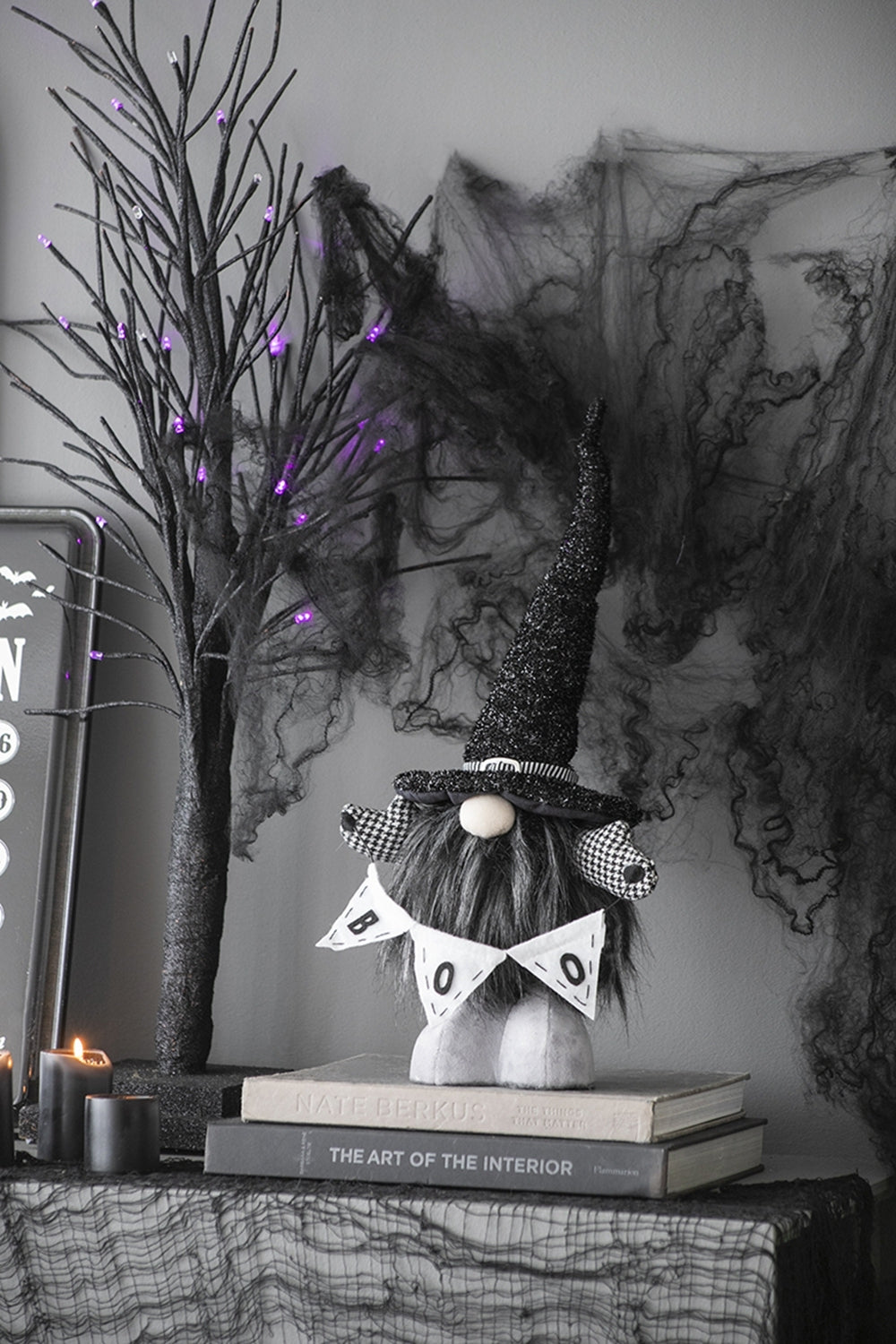 Set of 2, 6x4x20' Fabric Black Gnome with 'Boo' Banner, for Halloween Decor