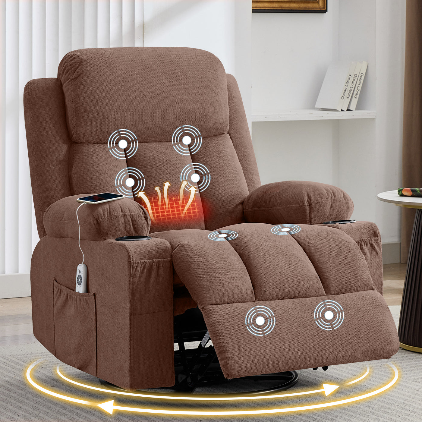 Swivel Rocker Recliner Chair with Massage Heat USB Port