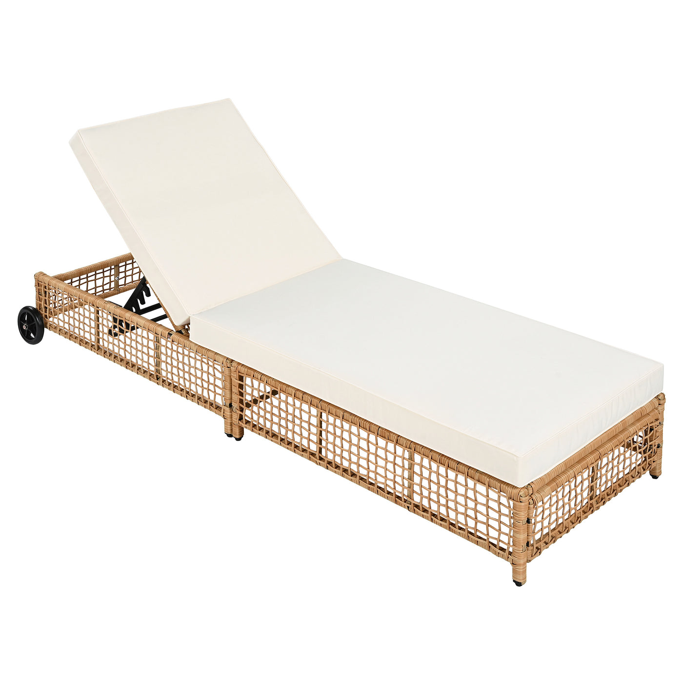 TREXM Outdoor Lounge Chair, 5-Position Adjustable Rattan Chaise with Cushion and Wheels in Natural+Beige, Iron Frame with PE Rattan and Polyester Upholstery