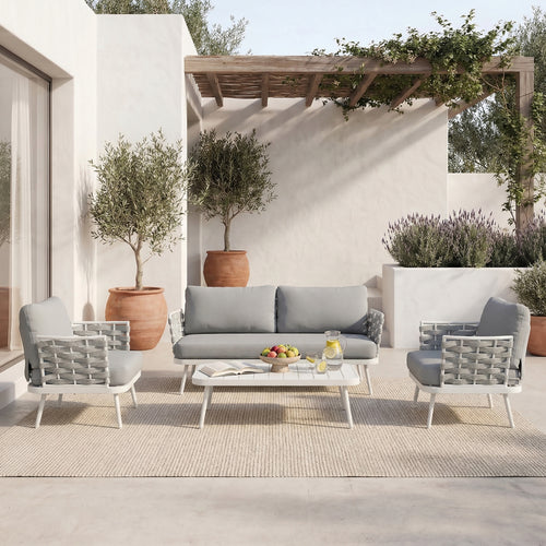 Outdoor Sofa Set Steel Rope Off White Gray Cushion 4 Piece Seats 4
