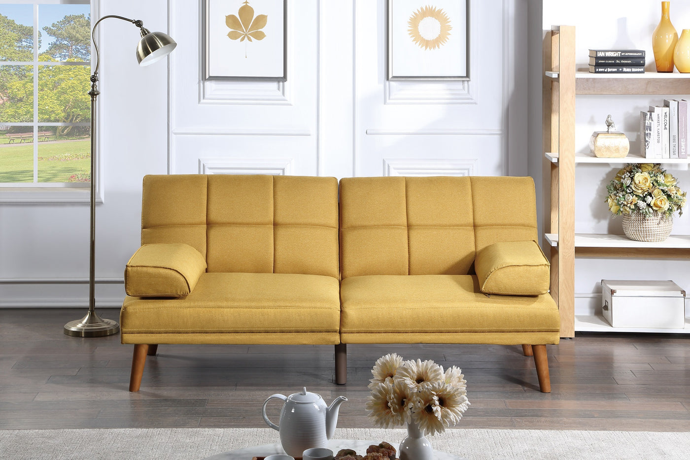 Mustard Polyfiber Adjustable Tufted Sofa with Wood Legs