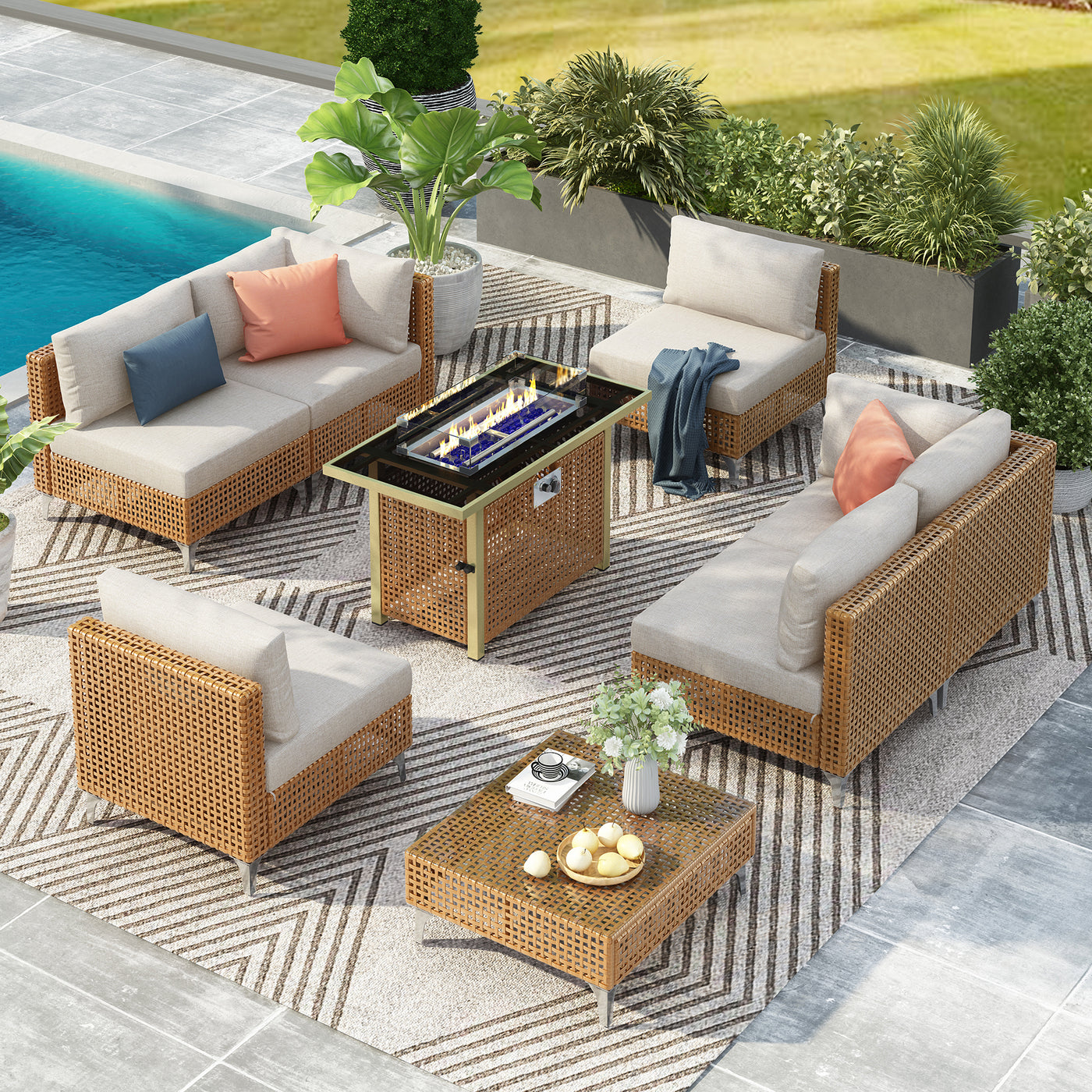 Outdoor Patio Set with Fire Pit Table Rattan Metal Beige 8 Piece