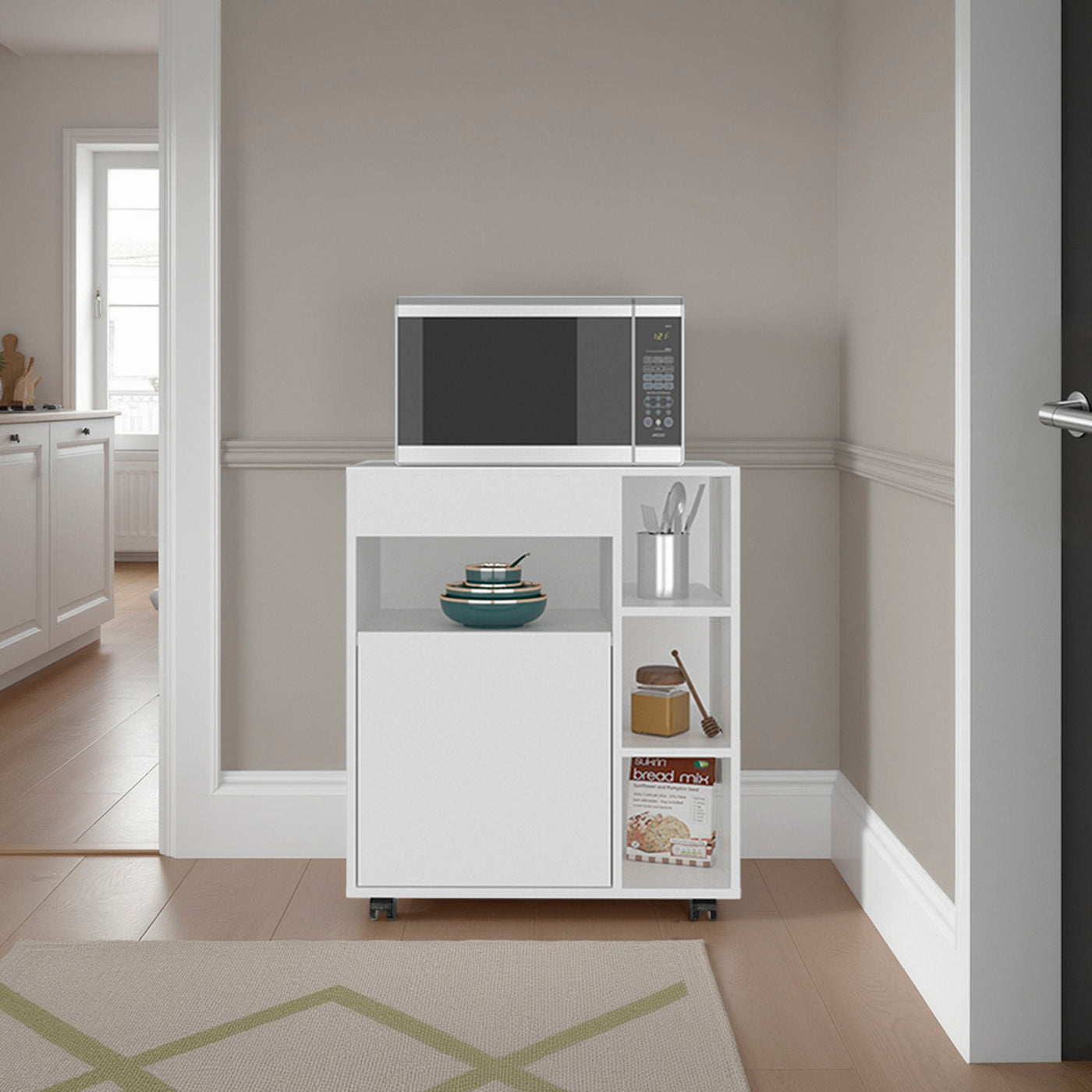 White Microwave Cart Cabinet with Open Shelves