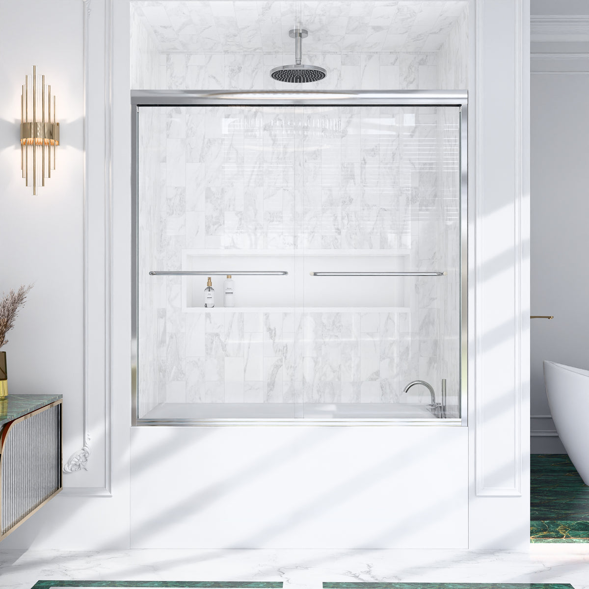 56"-60"W*60" H Semi-Frameless Double Sliding Shower Door, Bypass Shower Door